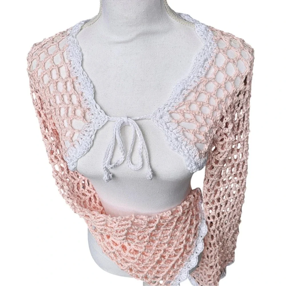 Handmade‎ Crochet Bell Sleeve Front Tie Summer Cardigan, Festival Bohemian Shrug